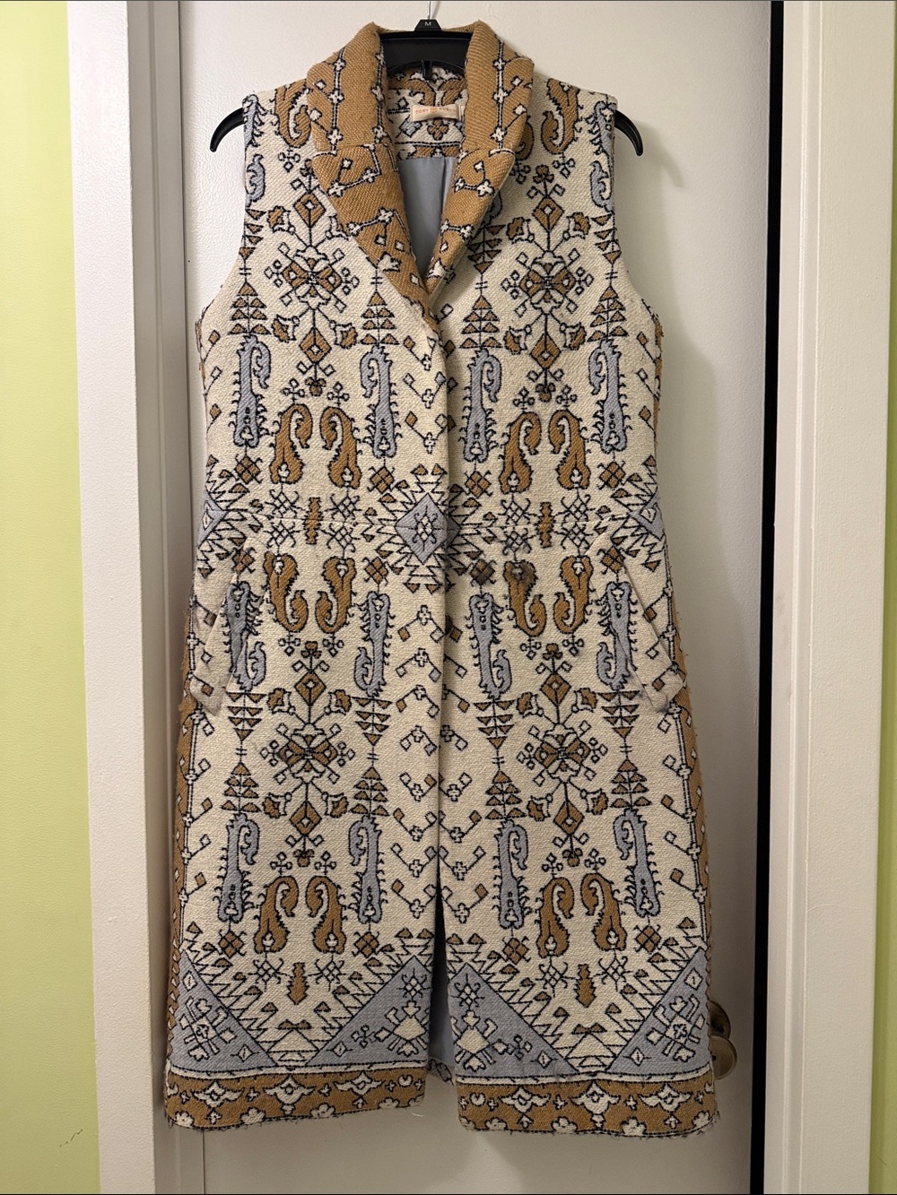 Tory Burch Cream Knit Vest with Mustard and Navy Pattern